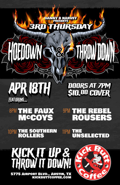 Danny B. Harvey's 3rd Thursdays are getting better than ever!! Now known as the Hoedown & Throw Down!! With the Faux McCoys, The Rebel Rousers, The Southern Rollers, The Unselected